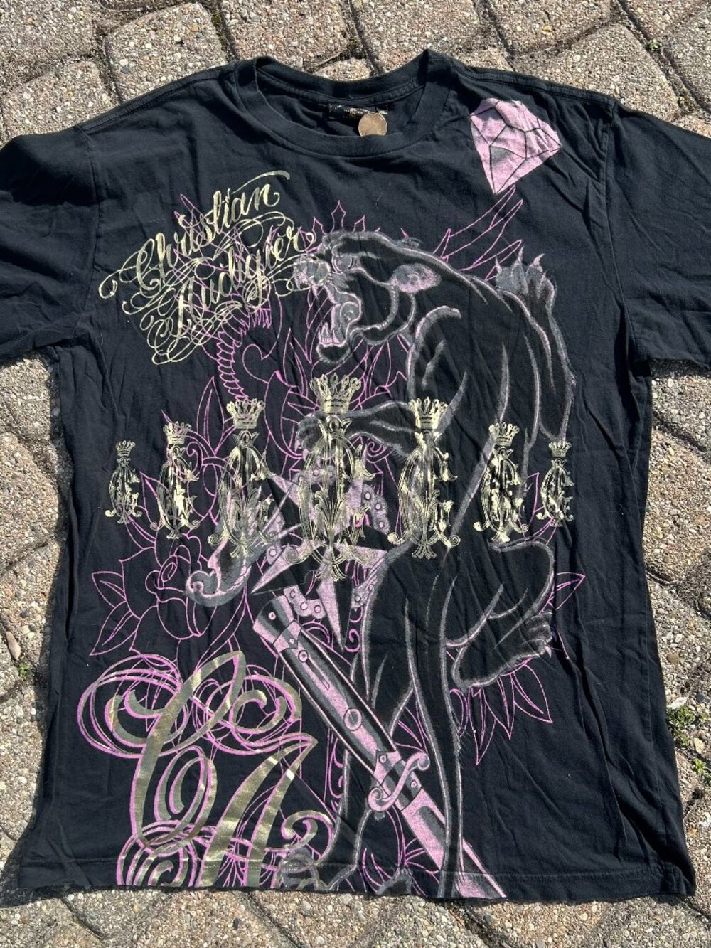 Vintage Christian Audigier Leaping Panther & Roses Gold Foil Rhinestone XL Tee
